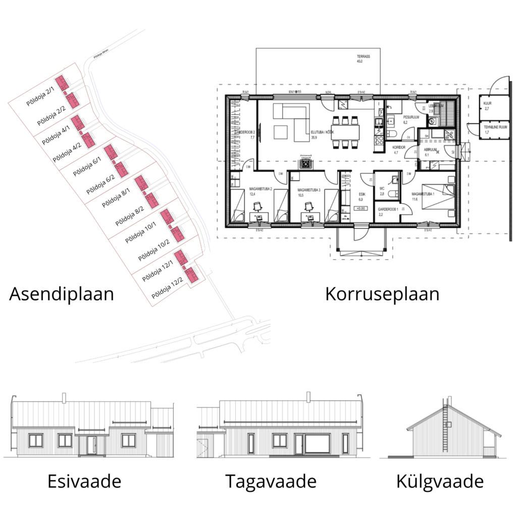 Põldmarja Kodud paarisnumbriga majade asendiplaan, korruseplaan ja hoone vaated Kose alevikus